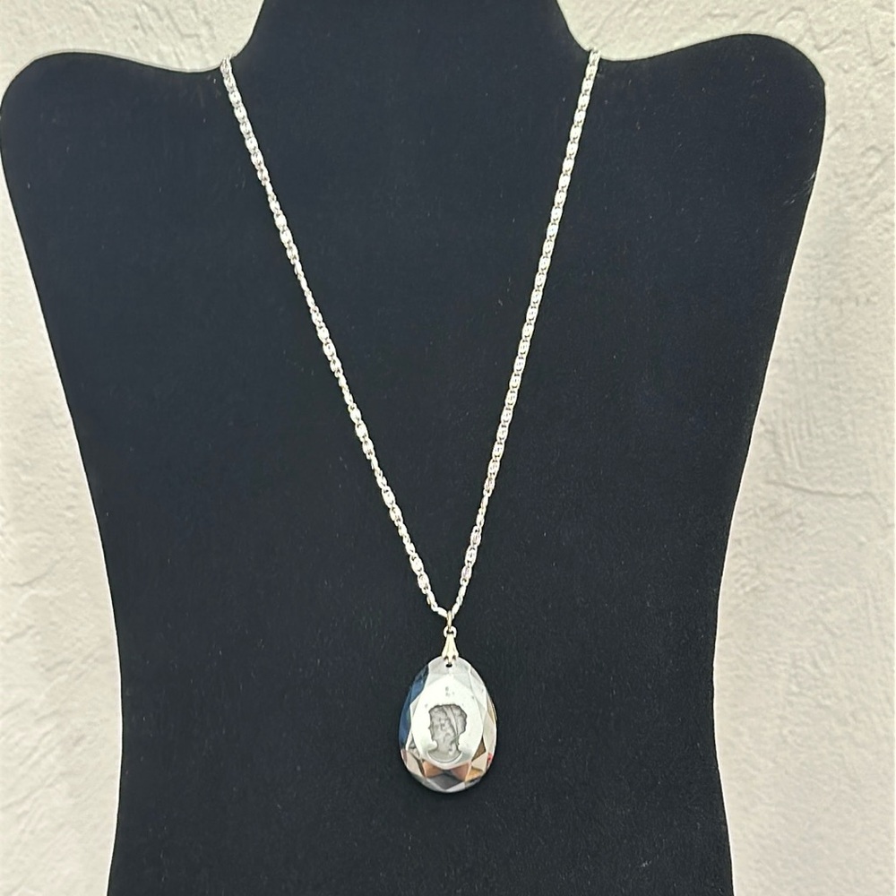 Dark Metallic Glass Intaglio Cameo Pendant On Germany Signed Silver-tone Chain